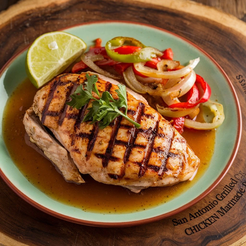  Grilled Mexican-style chicken breast served with a lime wedge and sautéed bell peppers and onions