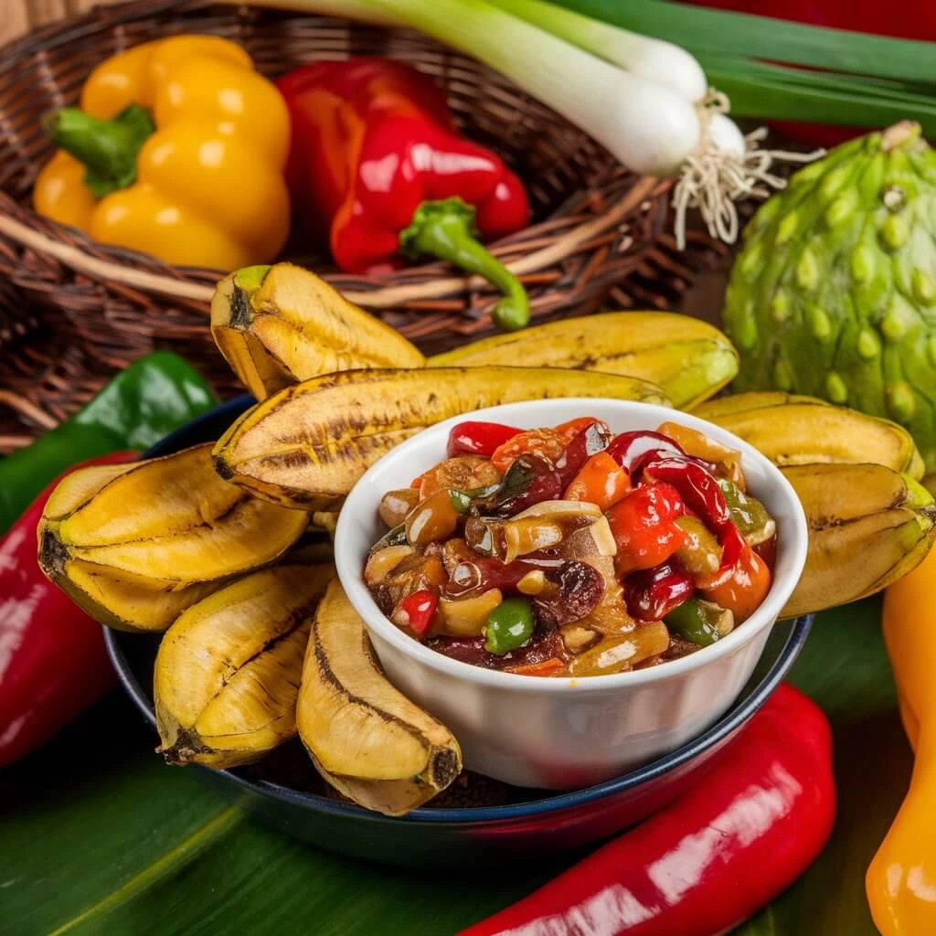 A bowl of pickled vegetables surrounded by ripe plantains and colorful peppers, showcasing a mix of flavors.