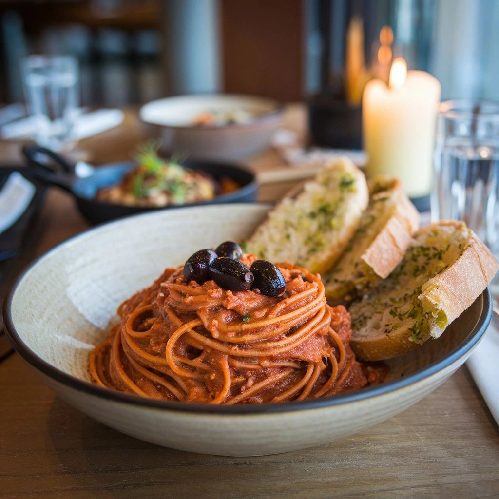  A bowl of spaghetti in a robust tomato-based sauce topped with black olives, served with garlic bread slices on the side.