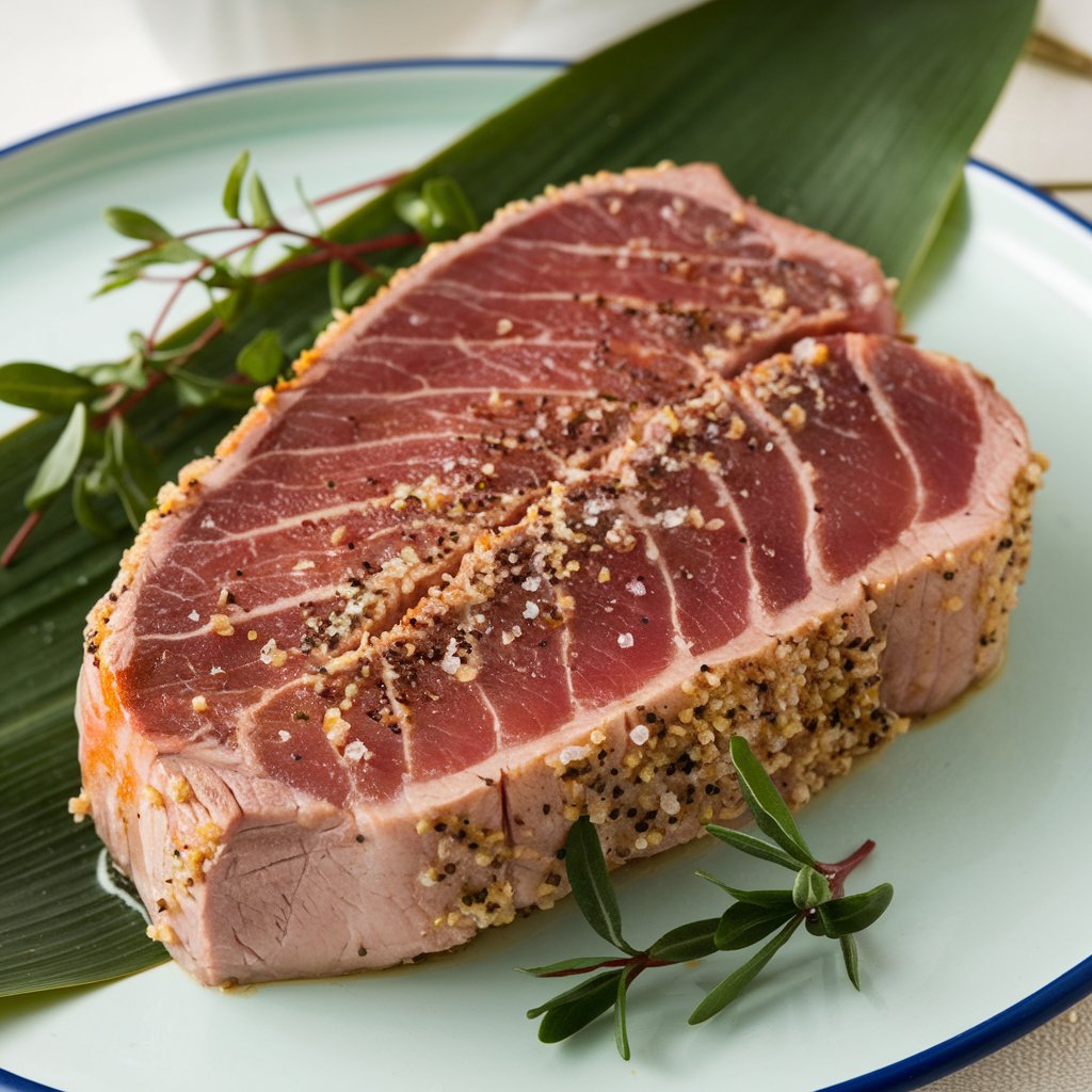  A seared ahi tuna steak seasoned with spices and herbs on a green leaf, served on a white plate.