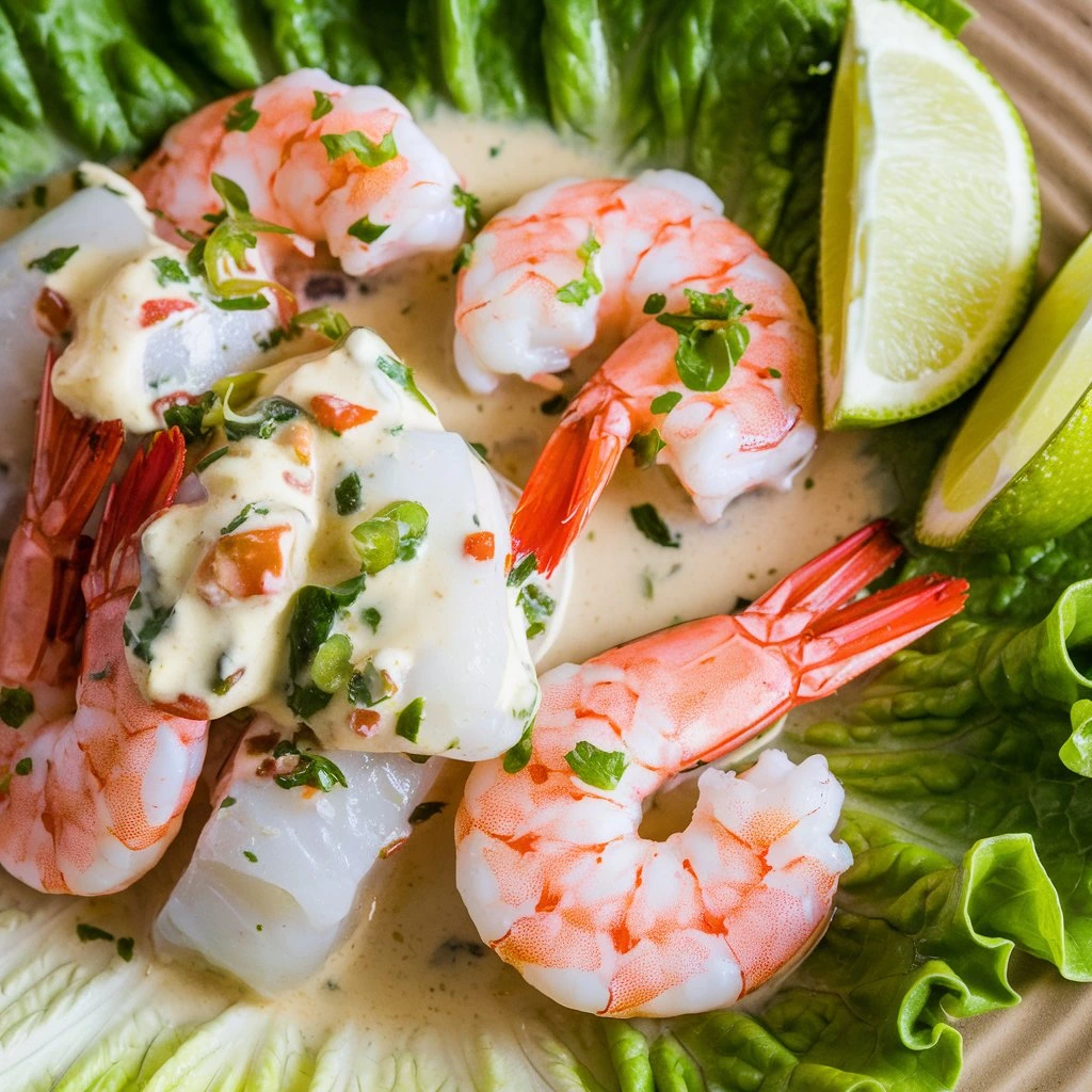 A plate of shrimp and fish ceviche garnished with a creamy sauce, herbs, and lime wedges on a bed of lettuce.