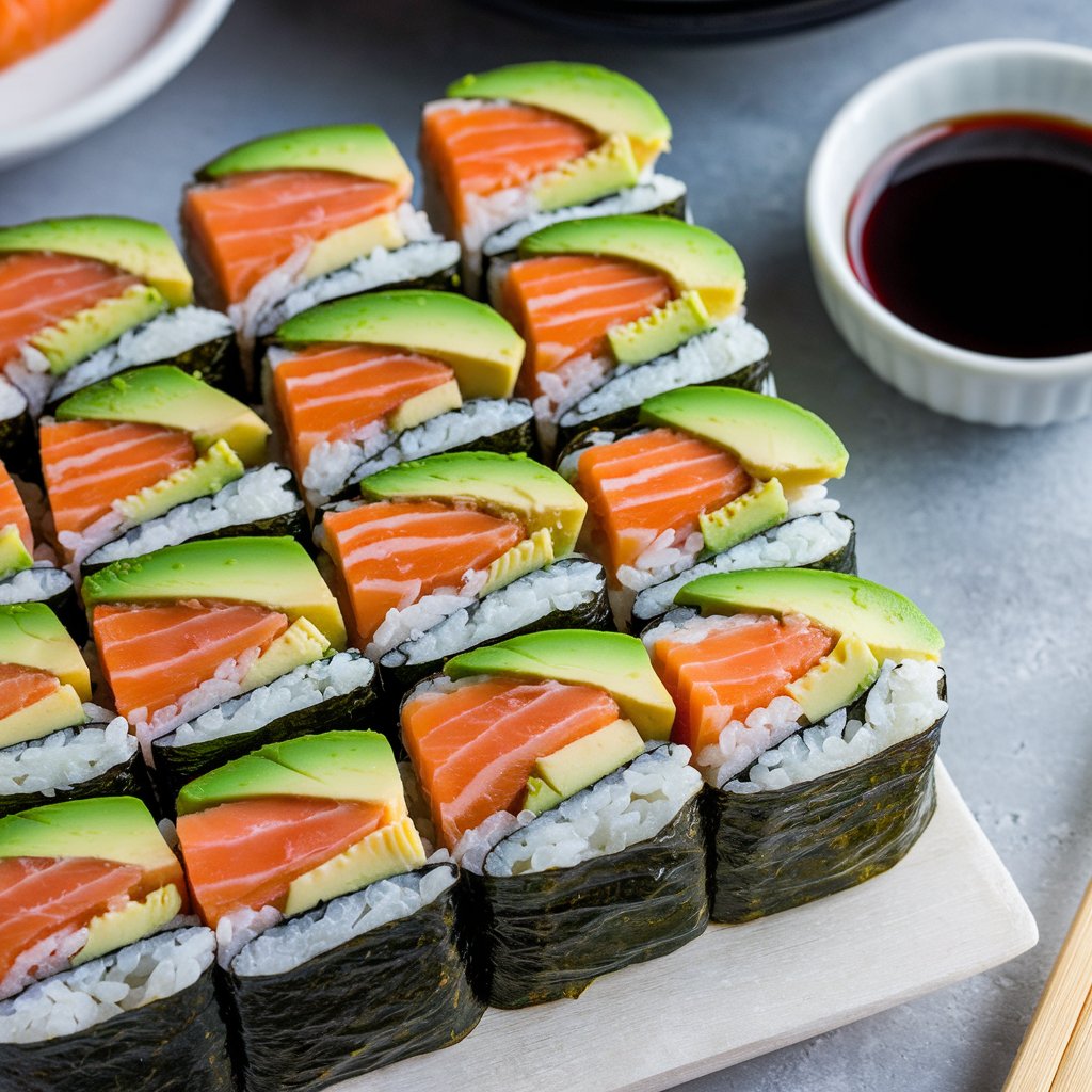 Salmon sushi bake with layers of rice, baked salmon, avocado, and nori, served with soy sauce.