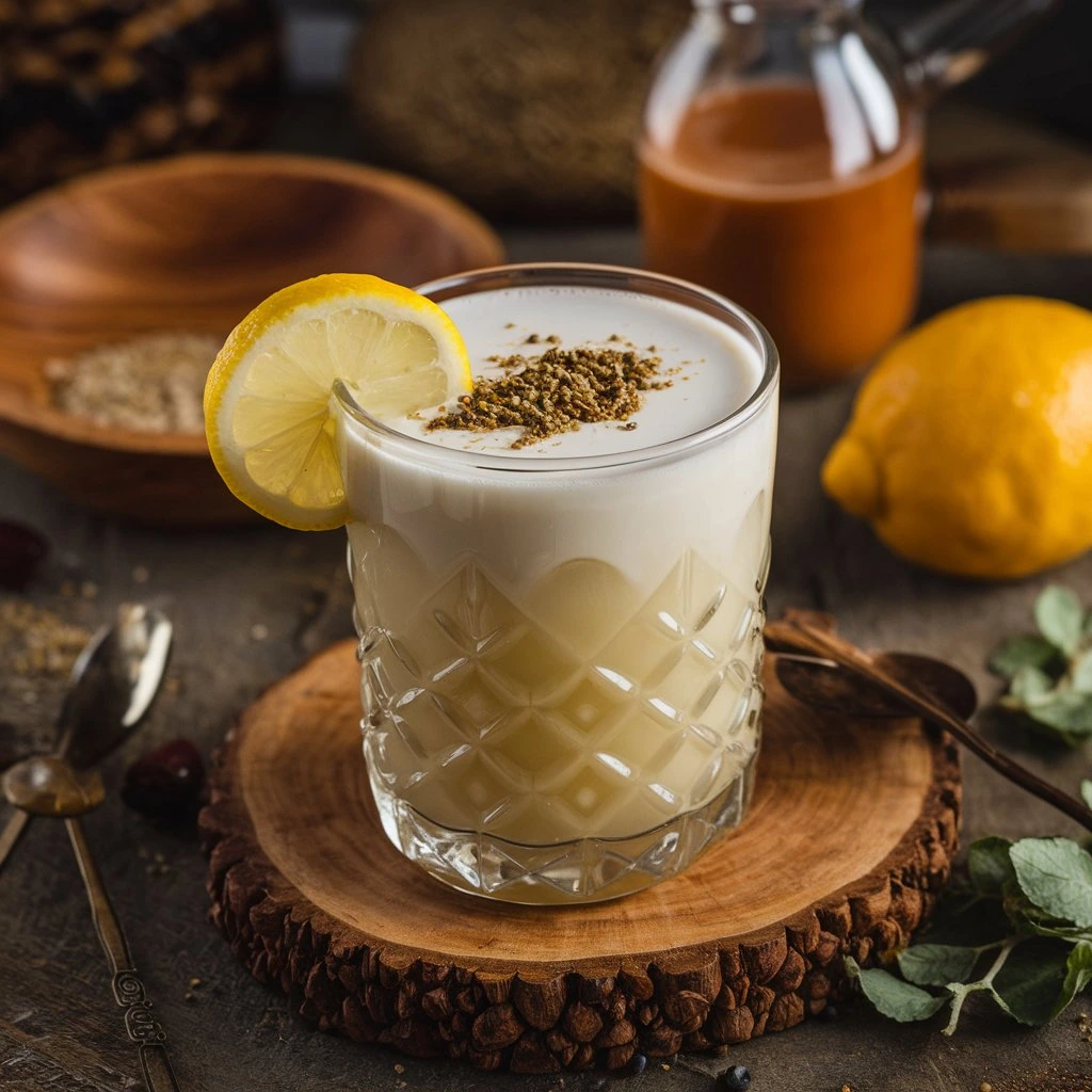 A creamy Leche de Tigre recipe in a glass, garnished with a lemon slice and ground spices, surrounded by lemons and herbs.