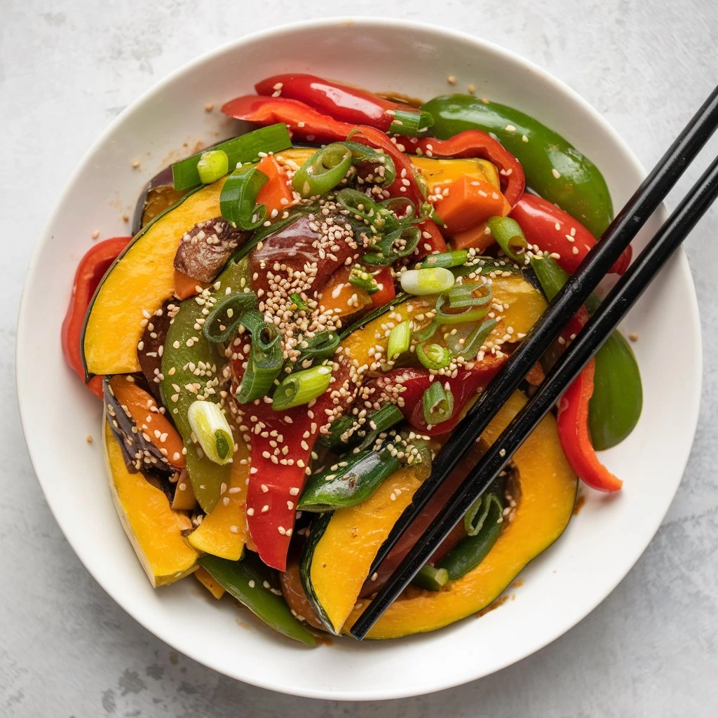 A colorful vegan stir-fry with sliced kabocha squash, bell peppers, and scallions.