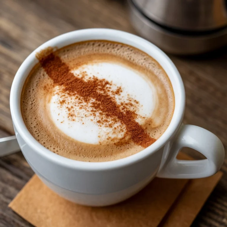 A cup of cappuccino topped with a dusting of cinnamon, served in a white ceramic mug.