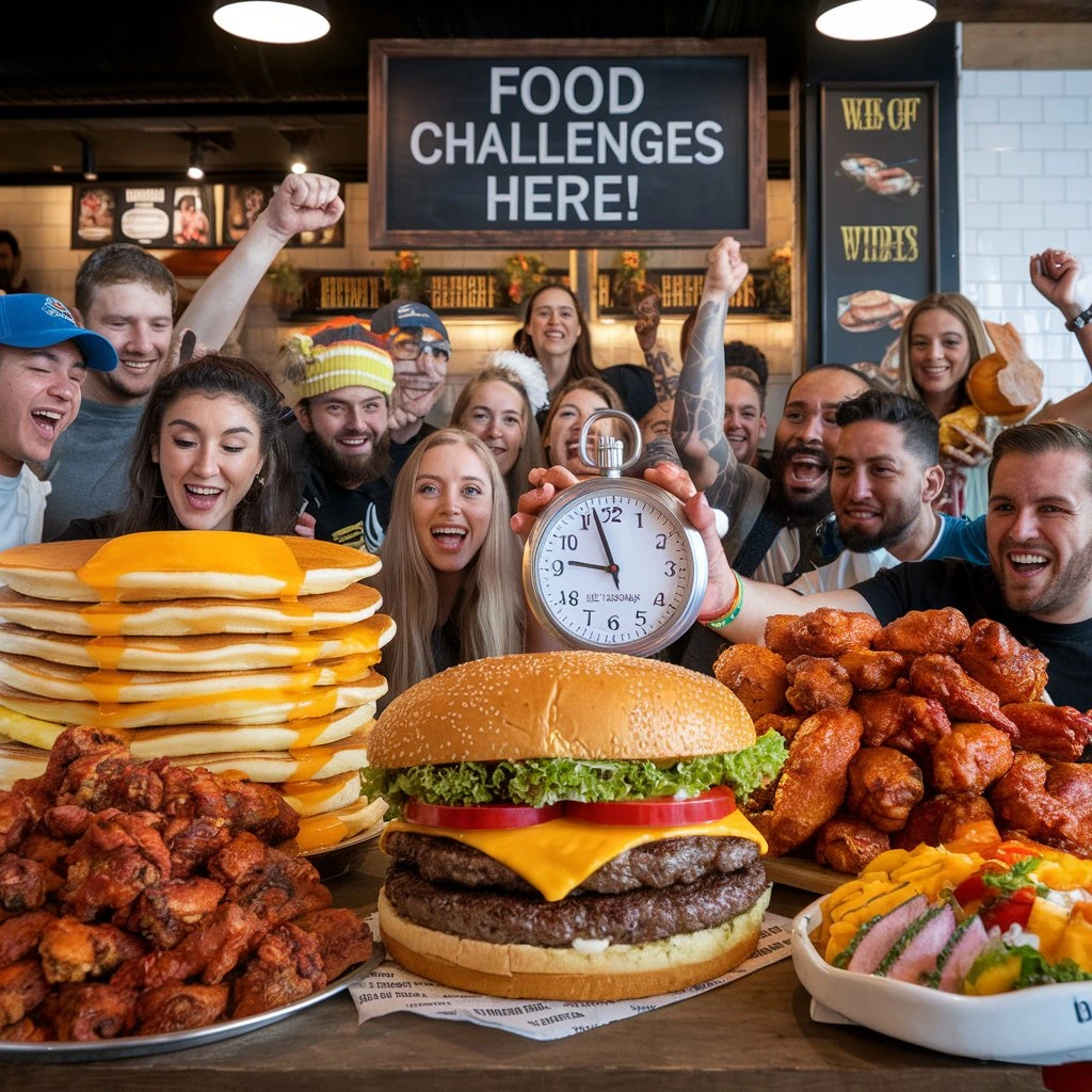 A lively group of people cheering during a food challenge with a giant burger, stack of pancakes, and plates of spicy wings.