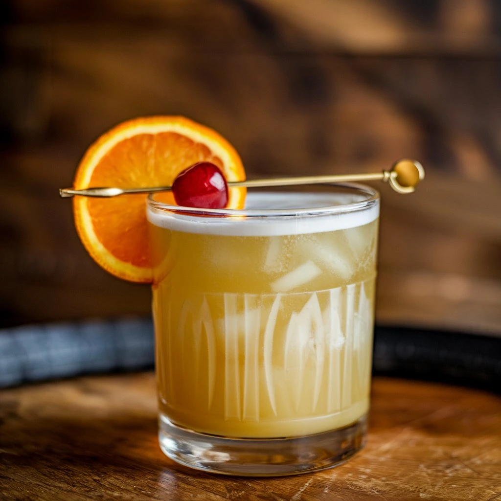 A tropical-style Leche de Tigre recipe served in a glass, garnished with an orange slice and a cherry.