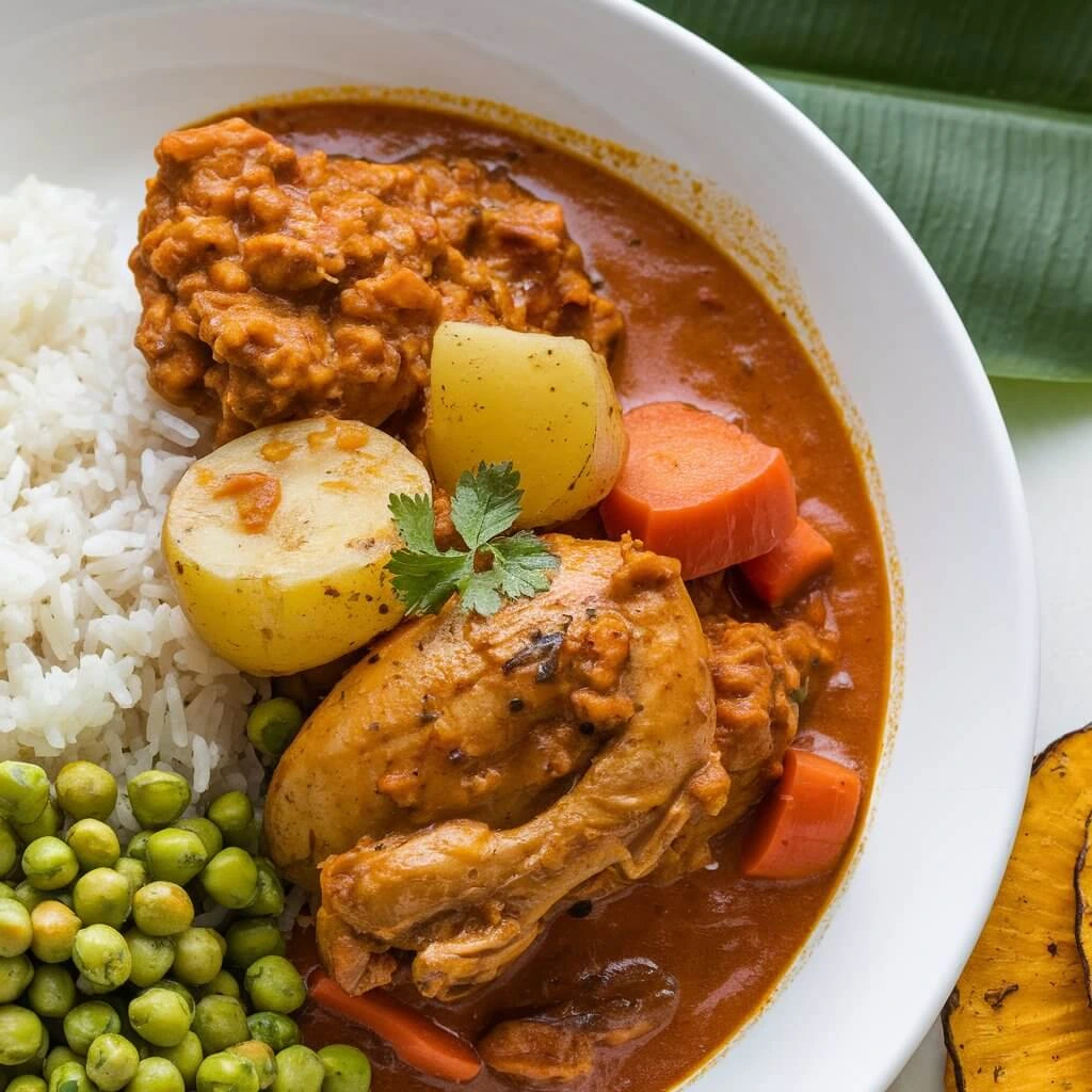 A plate of Guyanese chicken curry with potatoes, carrots, peas, and white rice, mildly spiced and aromatic.