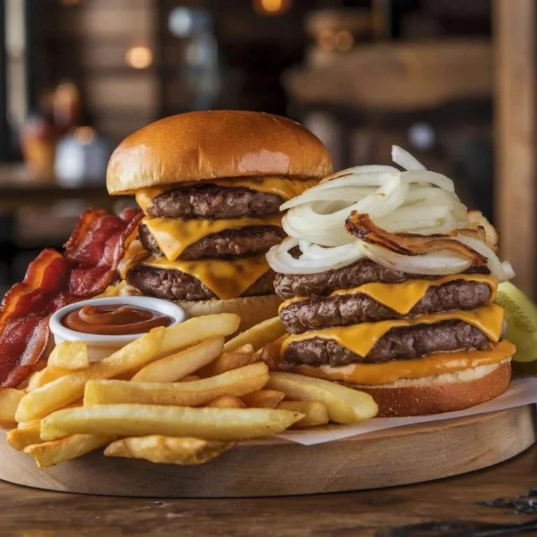 Two massive burgers stacked with multiple beef patties, cheese, bacon, and onions, served with fries and sauce.