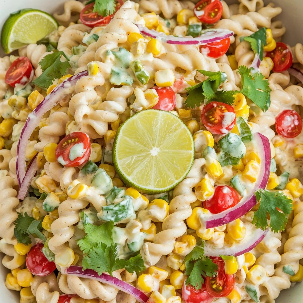 A colorful pasta salad with rotini pasta, corn, cherry tomatoes, red onion, green peppers, fresh cilantro, and a lime garnish, tossed in a creamy dressing.