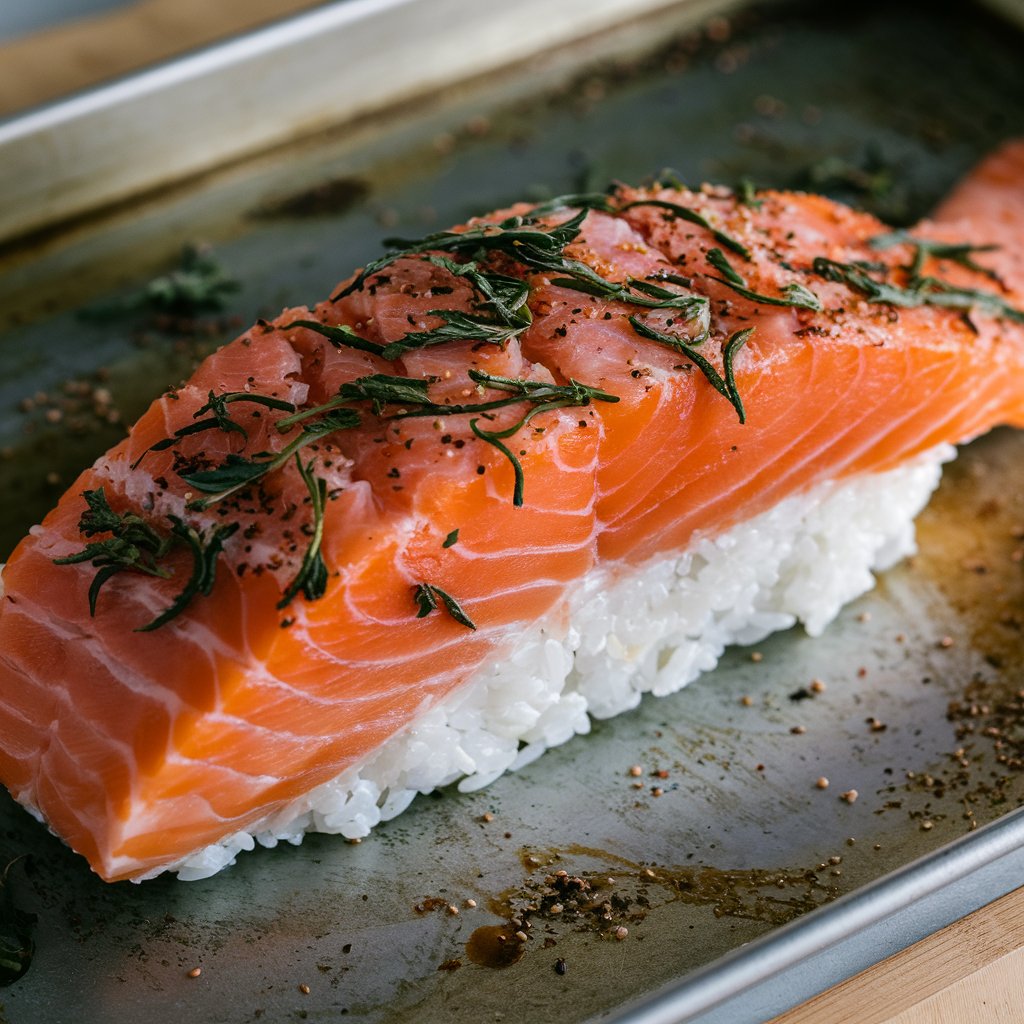 A close-up photo of raw salmon seasoned with herbs and spices, placed on a bed of rice.