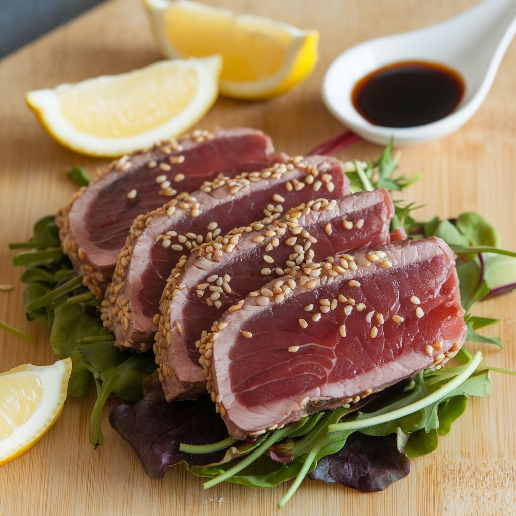 Sliced seared ahi tuna garnished with sesame seeds on a bed of greens, accompanied by lemon wedges and a soy sauce dip.