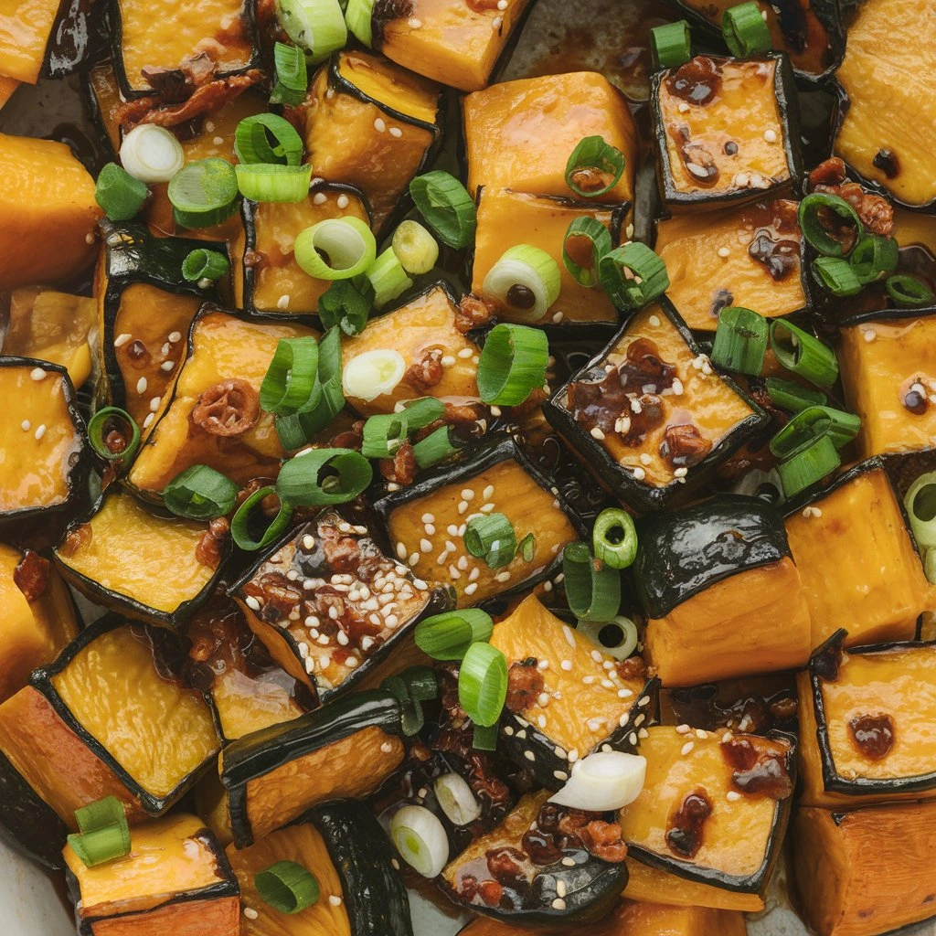 Close-up of roasted kabocha squash cubes garnished with scallions and sesame seeds.