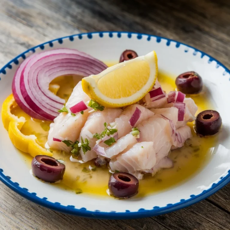 A bowl of leche de tigre ceviche with fresh fish, lime, chili, onions, and cilantro garnished with corn and sweet potato.