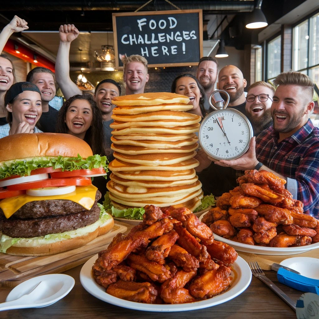 A group of smiling people celebrating a food challenge with a giant stack of pancakes, double burger, and spicy chicken wings.