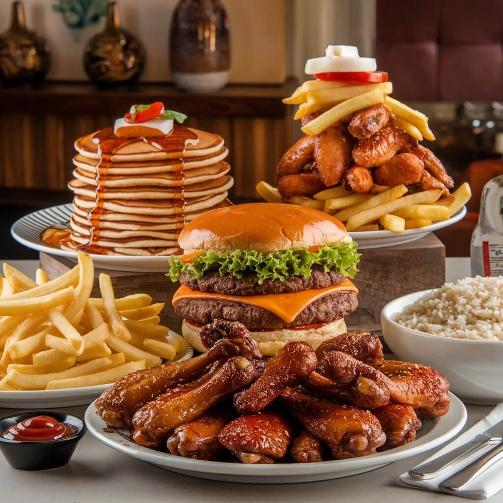 A variety of food items including pancakes, a burger, fries, chicken wings, and rice, arranged as part of a food challenge.