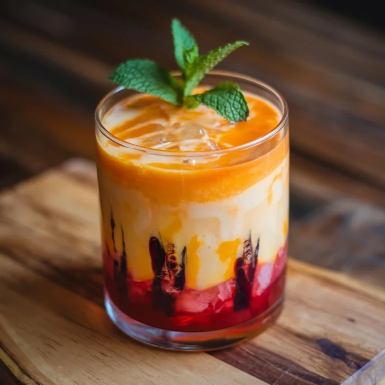 A layered Leche de Tigre recipe in a glass with red, orange, and cream hues, garnished with fresh mint leaves.