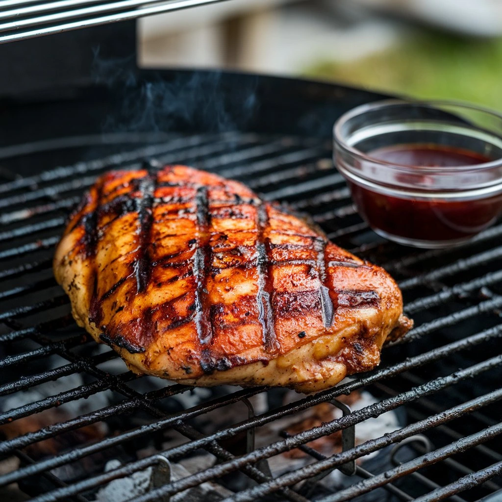 A grilled chicken leg and thigh served with rice, beans, lime, and fresh cilantro garnish.