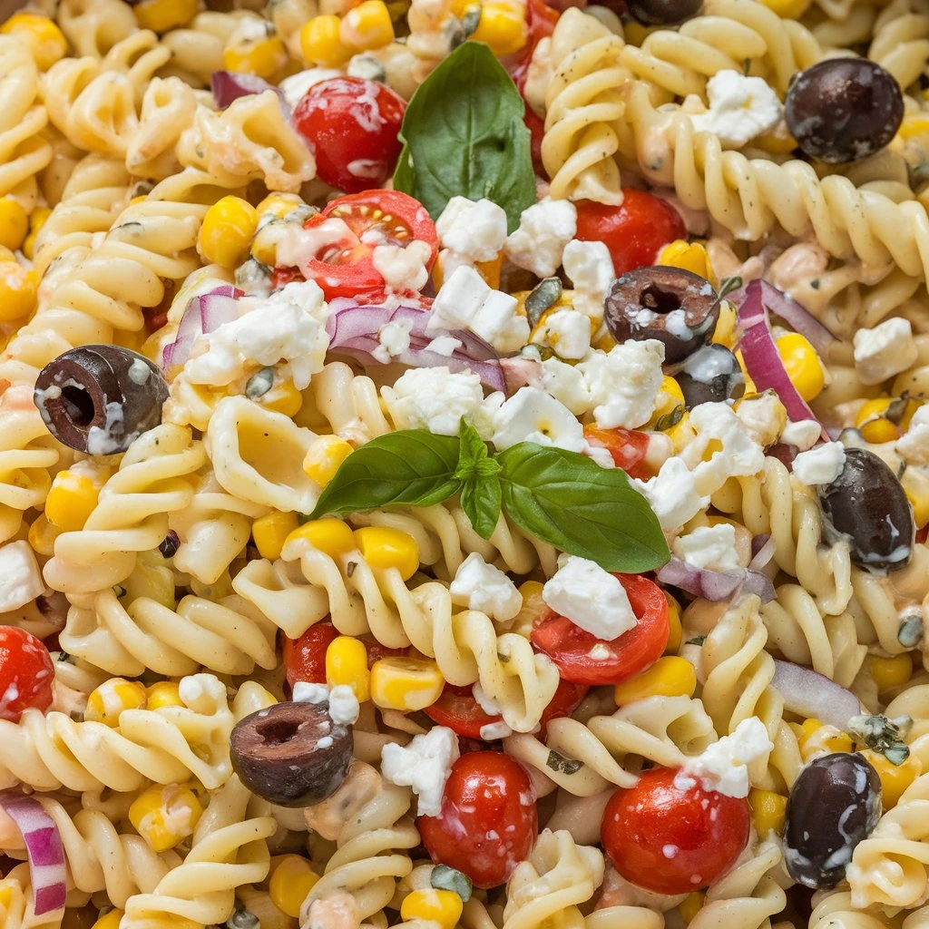 A close-up of a Greek pasta salad made with rotini pasta, cherry tomatoes, black olives, corn, red onion, feta cheese, and fresh basil leaves.