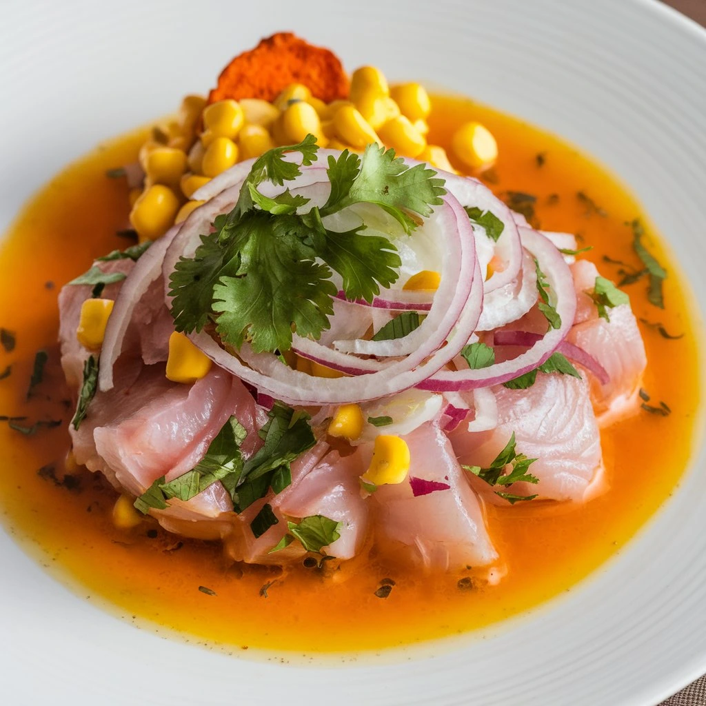 A plate of ceviche with sliced onions, corn kernels, cilantro, and a bright orange sauce.
Title: Classic Ceviche with Onion and Cilantro