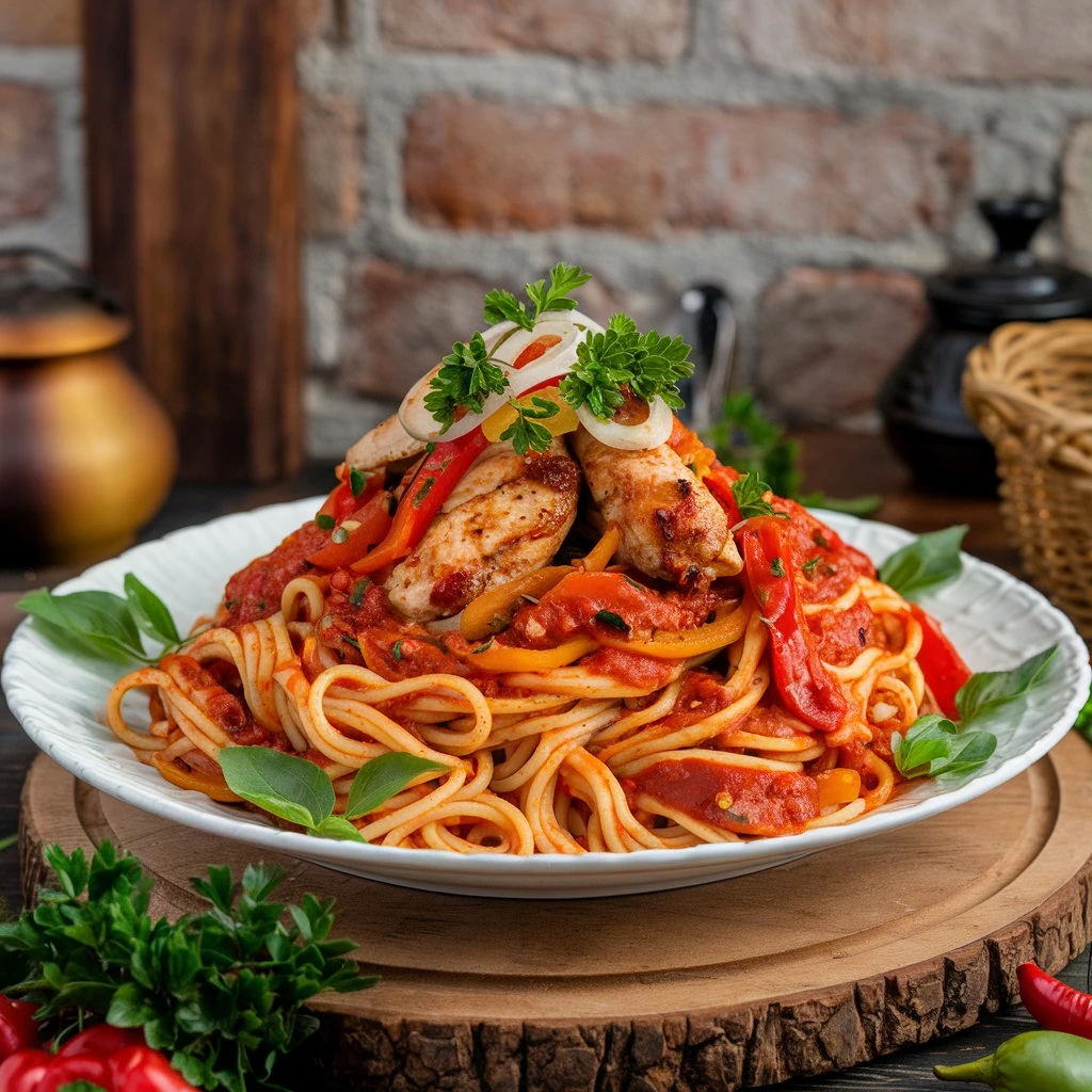 A plate of spaghetti topped with grilled chicken, bell peppers, onions, and parsley in a rich tomato sauce.