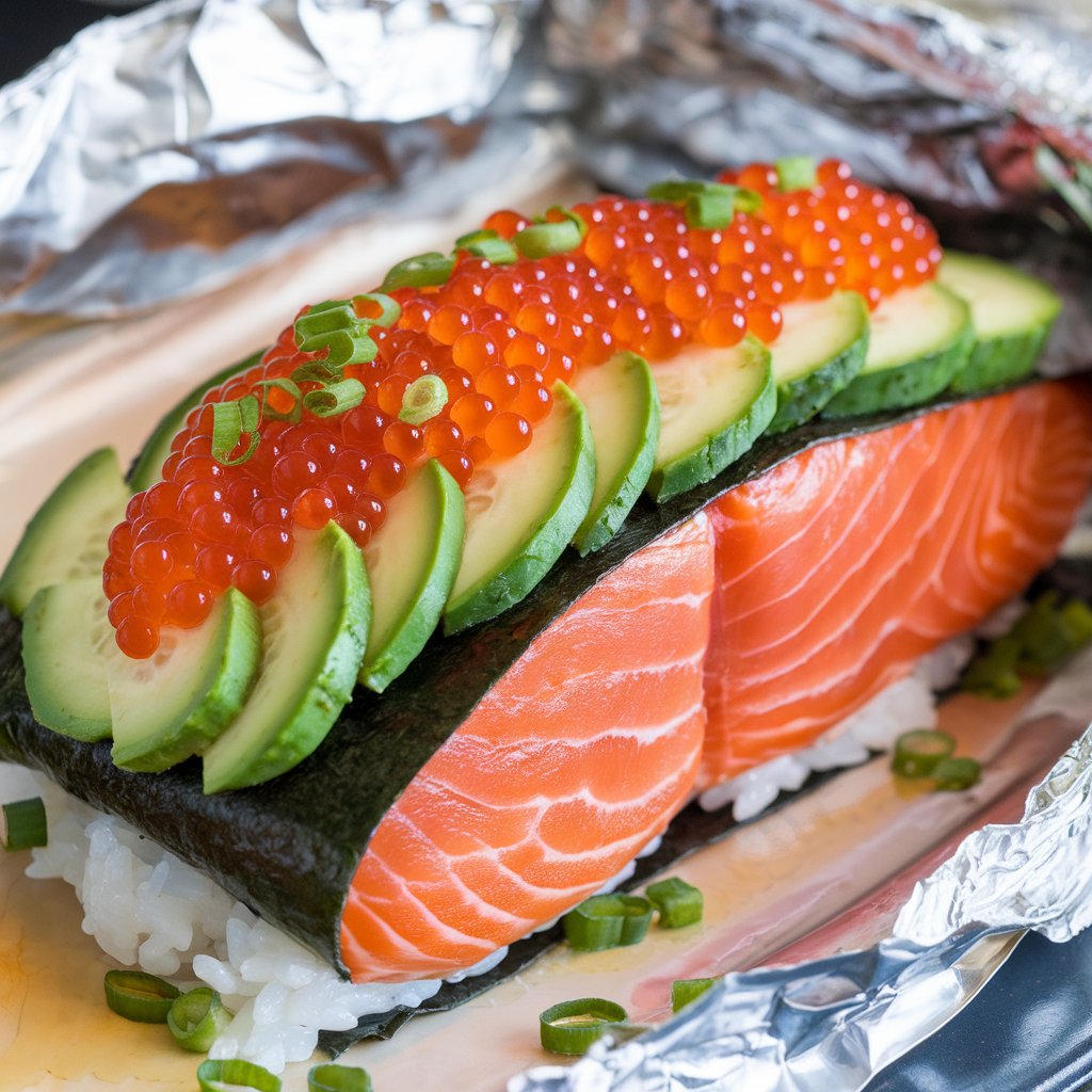 A sushi bake topped with slices of avocado, salmon roe, and green onions, wrapped with nori on a bed of rice.