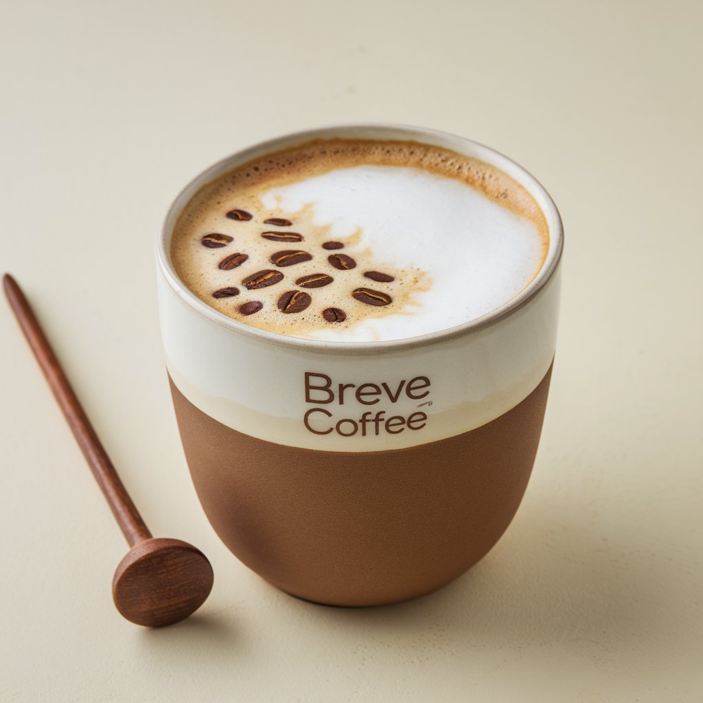 A close-up of a ceramic coffee cup labeled "Breve Coffee," filled with a creamy breve latte topped with coffee bean designs, placed on a neutral beige background with a wooden stirrer beside it.