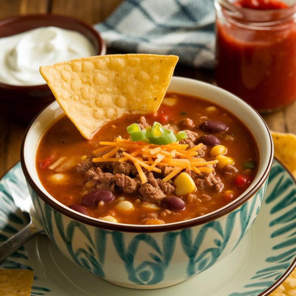  A bowl of taco soup topped with shredded cheese, green onions, and a tortilla chip, with sour cream and salsa in the background.