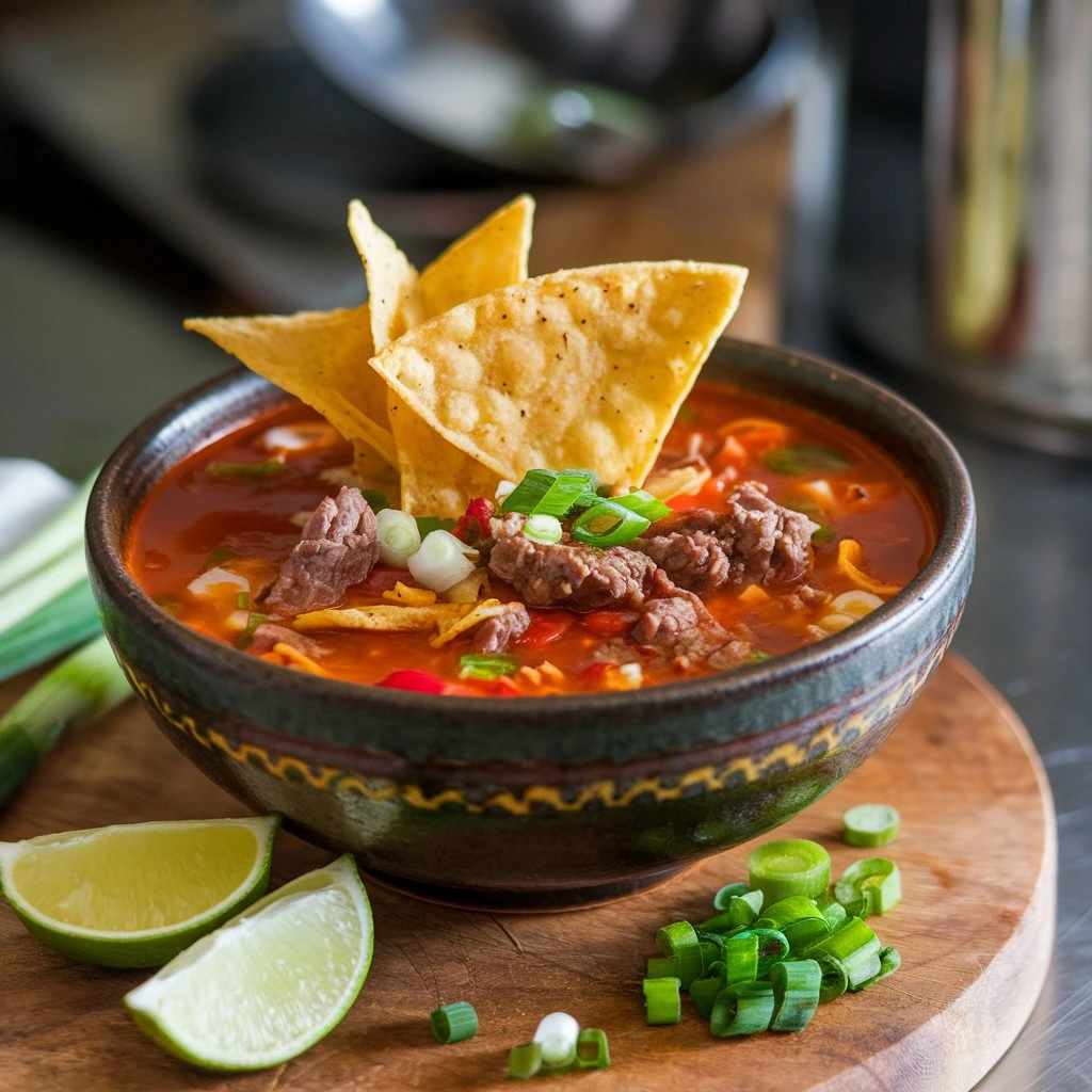 A colorful bowl of taco soup topped with tortilla chips, beef, and garnished with fresh green onions, served alongside lime wedges.