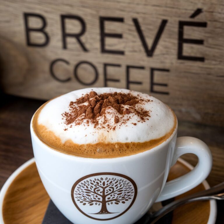 A cup of breve coffee topped with frothy milk and a dusting of cocoa powder, served in a white ceramic cup with a tree logo, placed on a wooden saucer with a dark napkin and spoon. The background displays a rustic sign reading