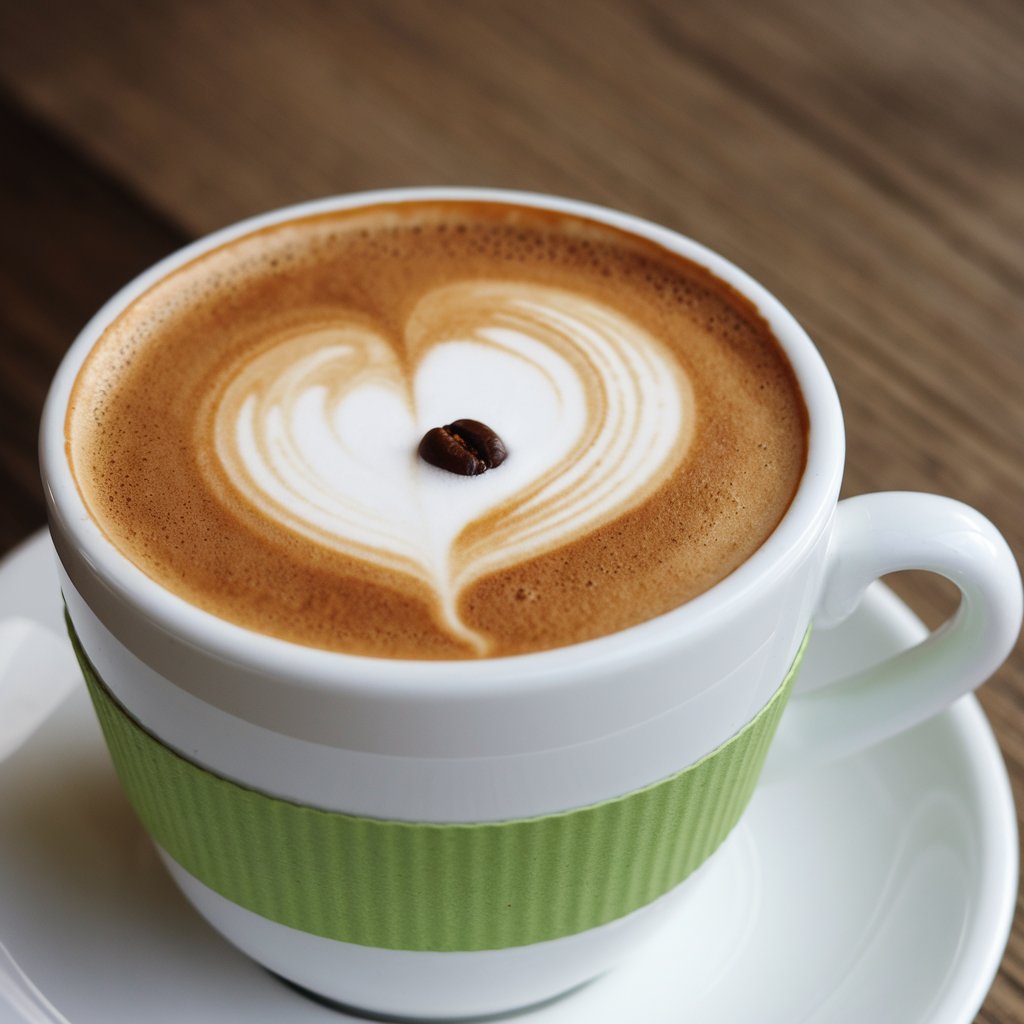 A close-up of a white ceramic cup filled with breve coffee, featuring a heart-shaped latte art design with a single coffee bean placed at the center, resting on a white saucer with a green textured band around the cup.