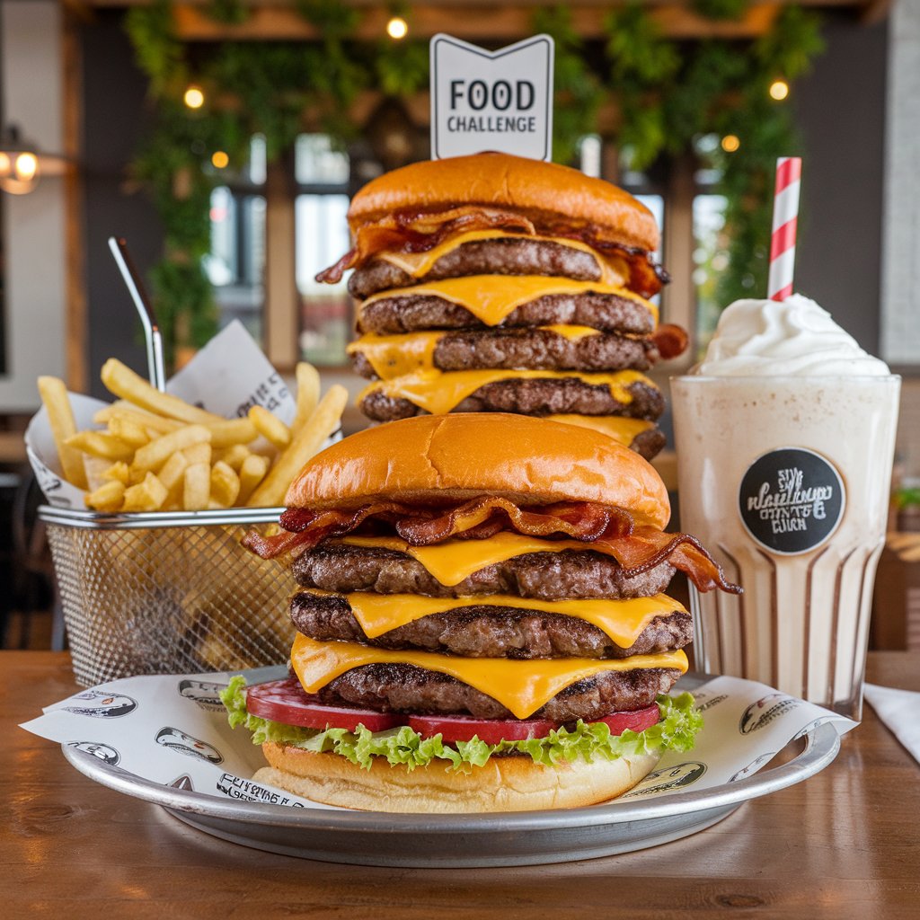  A towering food challenge featuring two massive burgers stacked with multiple beef patties, cheese, and bacon, served with a side of fries and a milkshake.