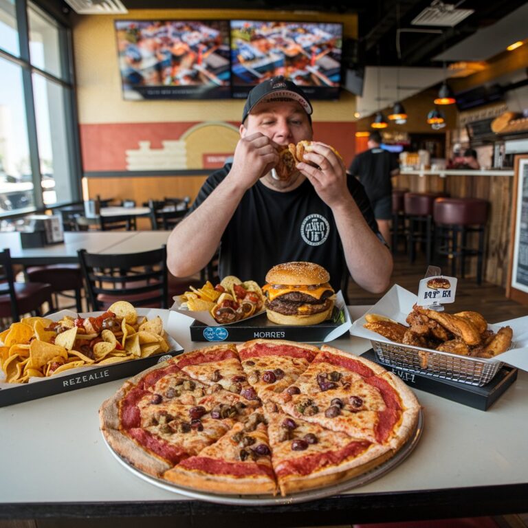 A man participating in a food challenge, surrounded by a large spread of food including a pizza, burger, nachos, and fried chicken wings.