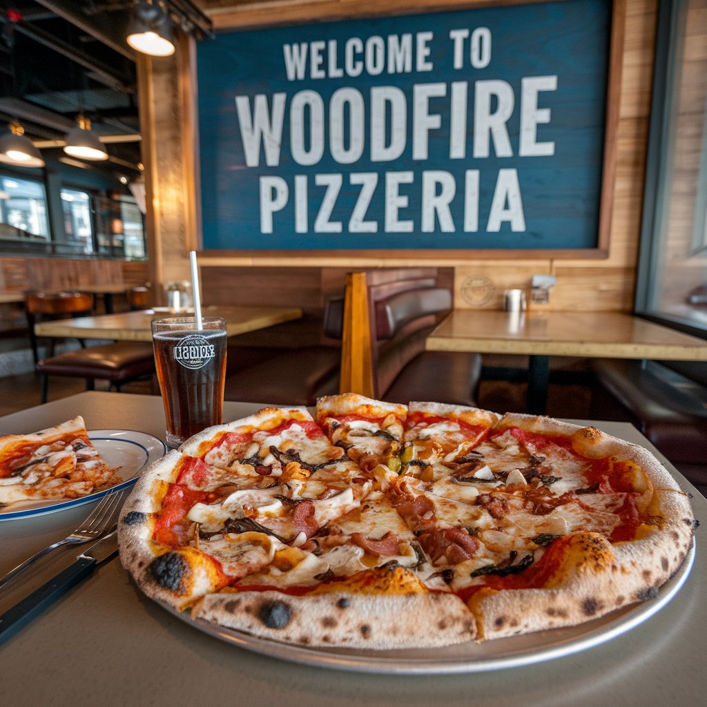 A delicious woodfire pizza with crispy crust and melted cheese served with a drink at Woodfire Pizzeria