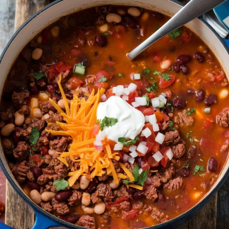 A large pot of taco soup garnished with shredded cheese, sour cream, diced onions, and cilantro.