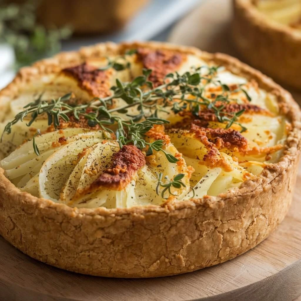 A golden potato tart garnished with fresh thyme on a rustic wooden surface.
