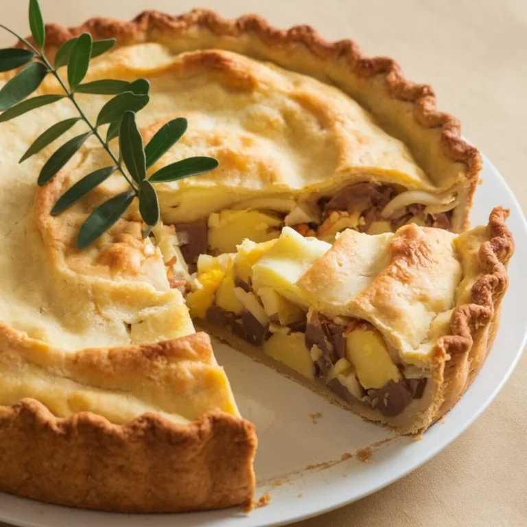 A hearty potato pie with a flaky crust and a rich filling of potatoes, onions, and cheese