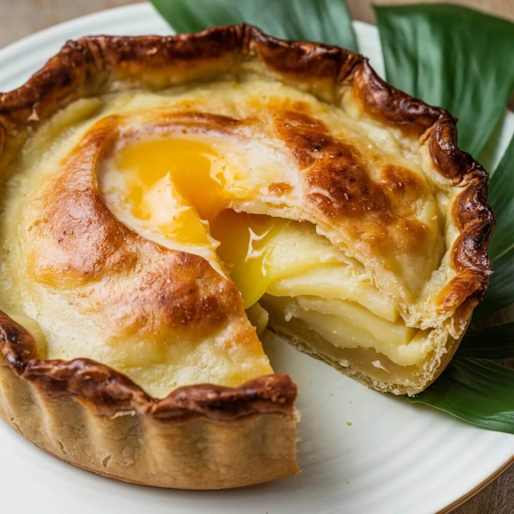 A potato pie with a golden crust and a runny egg yolk at the center, served on a white plate.