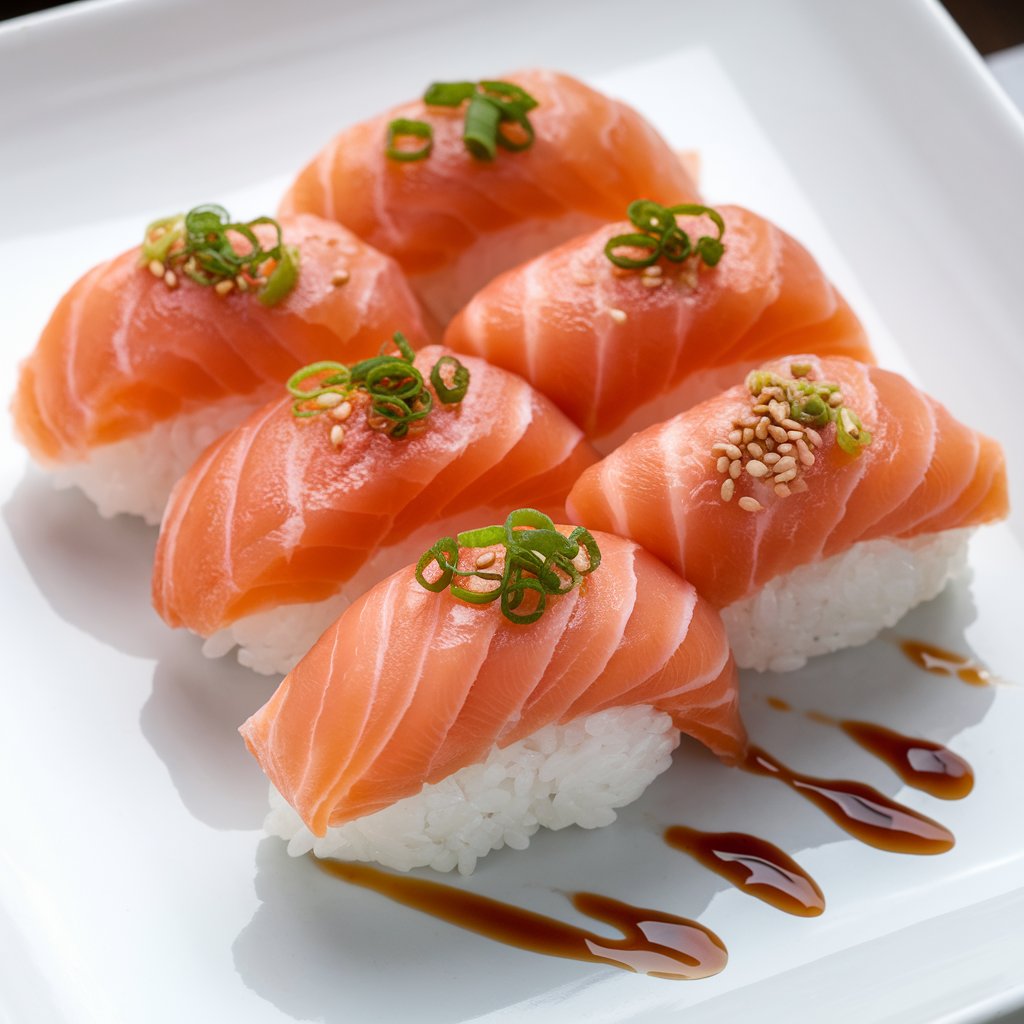 Sushi nigiri topped with fresh salmon slices, garnished with green onions and sesame seeds, drizzled with soy-based sauce