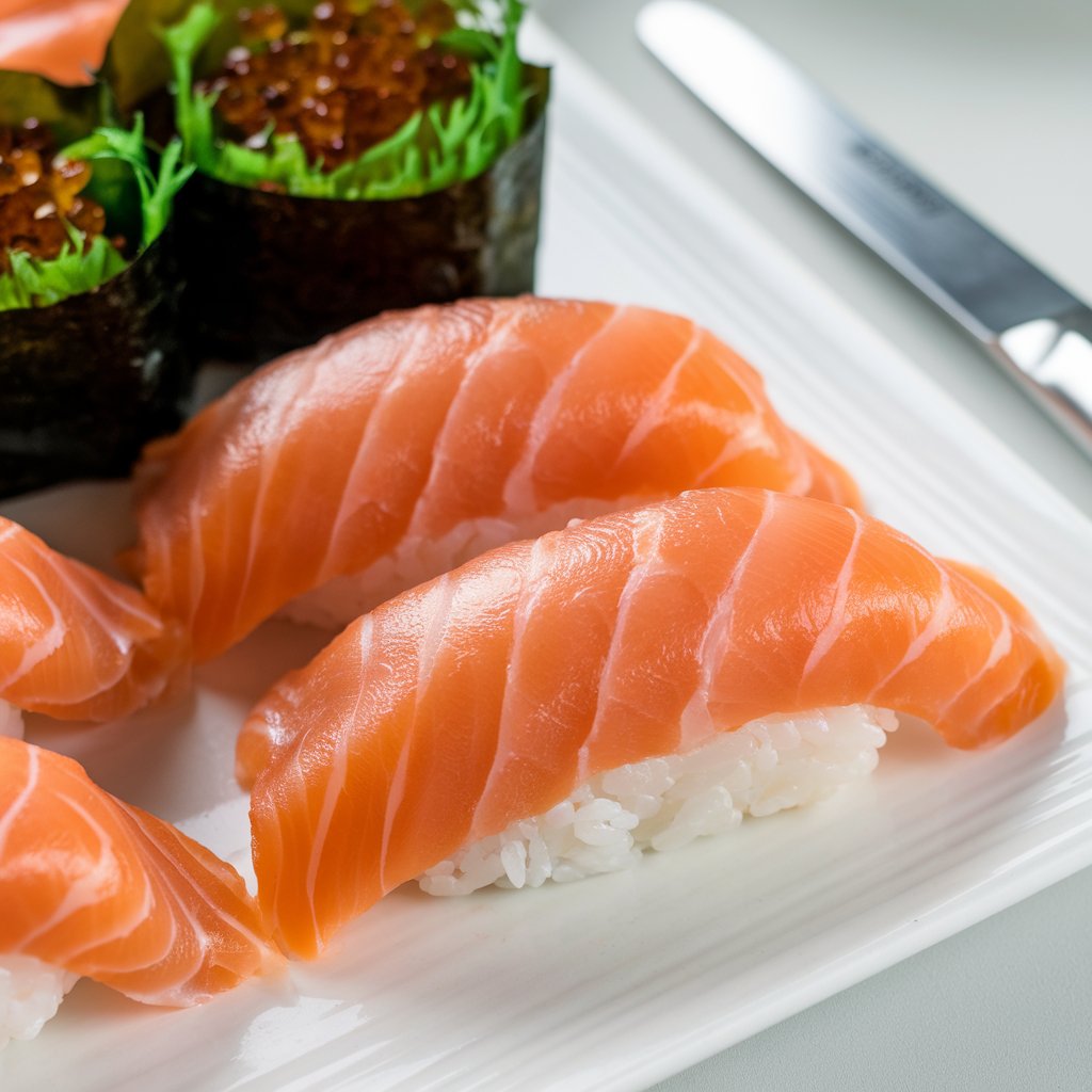 A close-up of fresh salmon nigiri sushi, featuring slices of raw salmon on a bed of rice, displayed on a white plate with a side of seaweed-wrapped sushi rolls in the background.