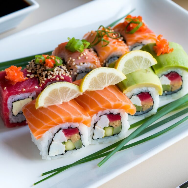 A variety of sushi rolls on a wooden board, including rolls with salmon, avocado, and cream cheese, served alongside soy sauce and pickled ginger.