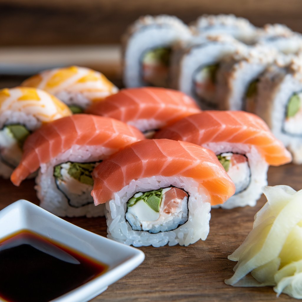 A sushi platter featuring salmon rolls, cream cheese, and avocado, garnished with fresh sashimi and served with dipping sauce.