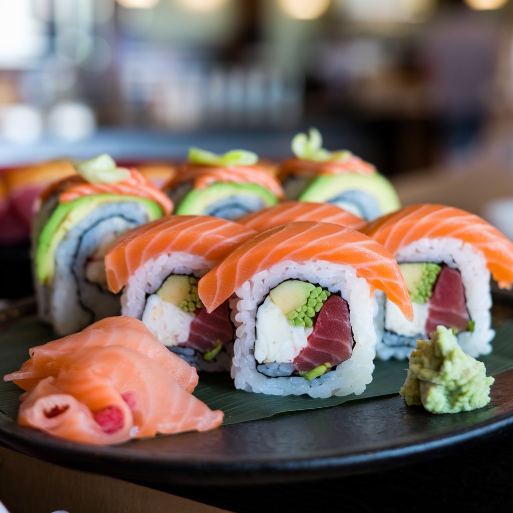 A variety of sushi rolls on a wooden board, including rolls with salmon, avocado, and cream cheese, served alongside soy sauce and pickled ginger.