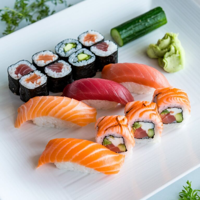 A mixed sushi platter with nigiri, maki rolls, and fresh salmon sashimi served alongside wasabi and cucumber.