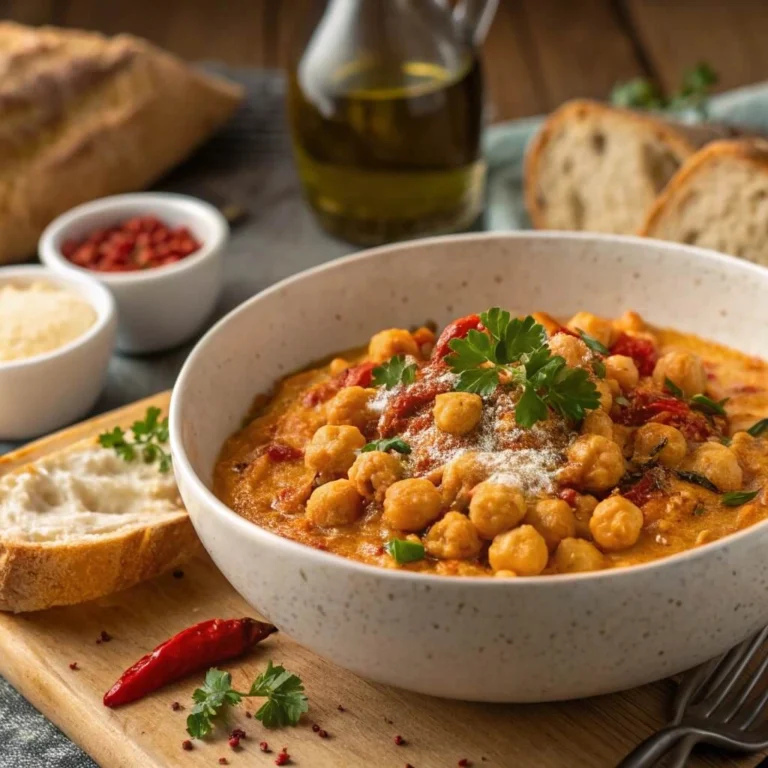 A hearty bowl of creamy chickpeas with a tomato-based sauce, garnished with fresh parsley, chili flakes, and parmesan, served with bread slices.