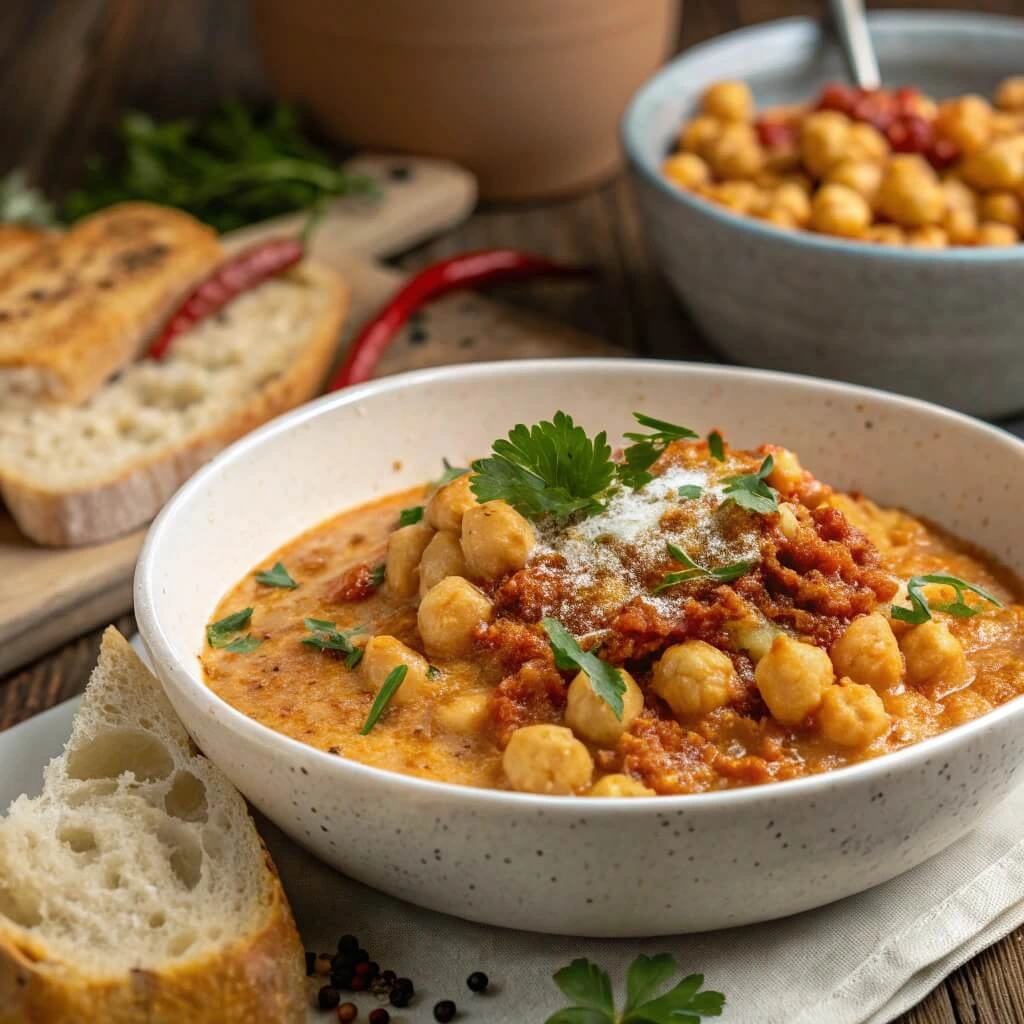 A bowl of creamy chickpea stew garnished with fresh parsley and chili flakes, served with crusty bread on a rustic wooden table.