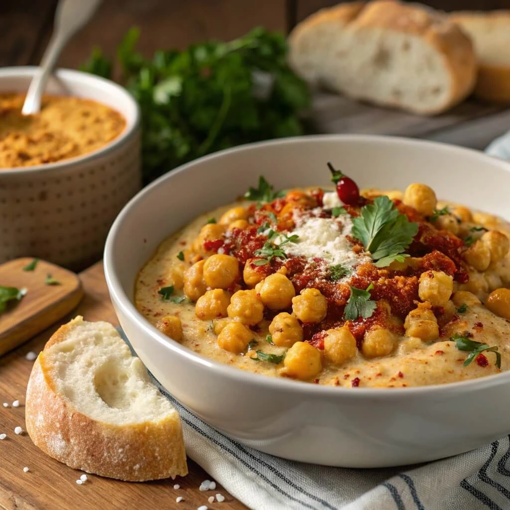 A vibrant chickpea dish topped with tomato sauce and parsley, accompanied by bread slices and herbs in the background.