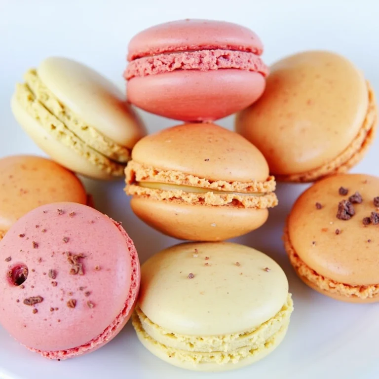 A plate of assorted colorful macarons in shades of pink, orange, and yellow, displayed on a white plate.