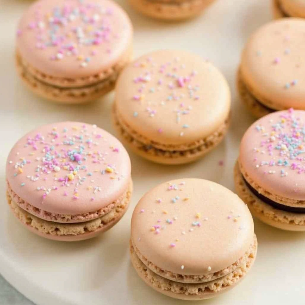 Close-up of pink macarons topped with colorful sprinkles on a white plate