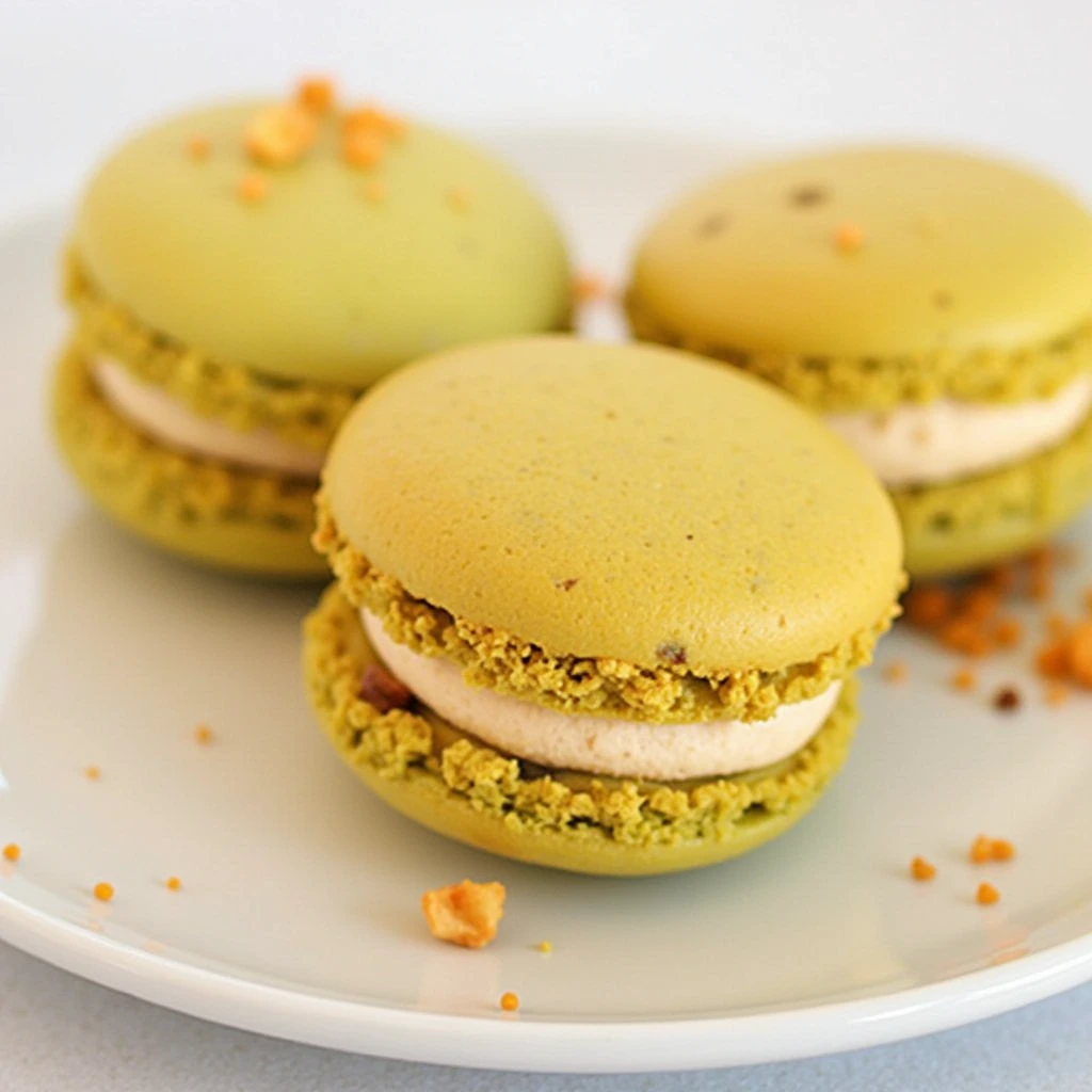 Green macarons with a crumbly edge and creamy filling, served on a white plate.